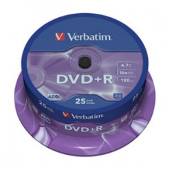 VERBATIM DVD+R 4.7GB 16X 43500 AZO MATSILVER,SPINDLE 25/200