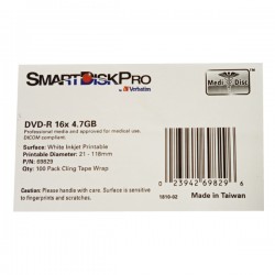 VERBATIM SMARTDISKPRO DICOM COMPLIANT DVD-R 4.7GB 16X INKJET FFACE PRINT DICOM SMART/100/69829